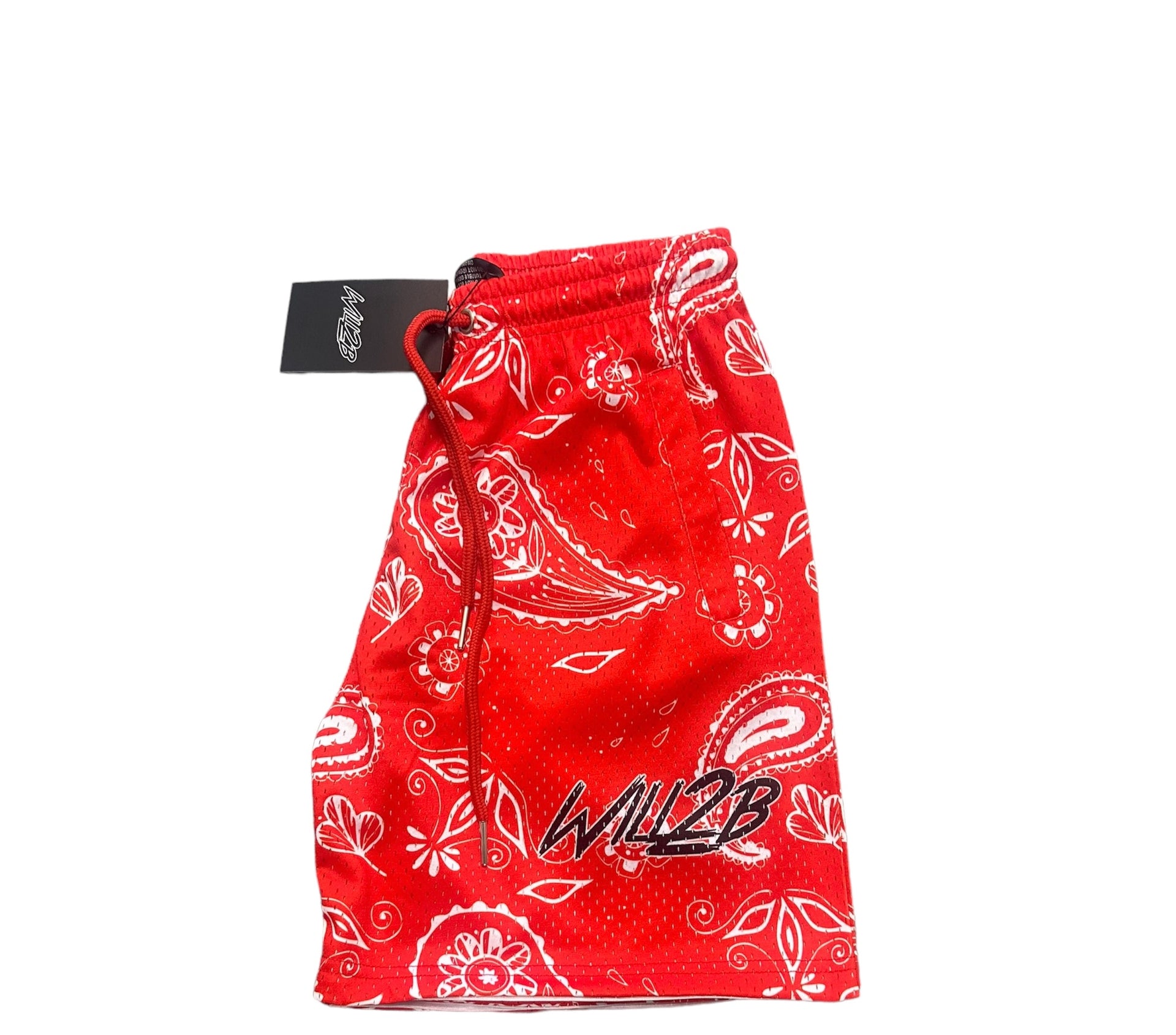 Red paisley shorts.